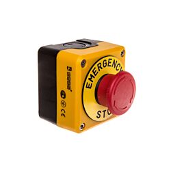 Kaseta sterownicza stop bezpieczeństwa czarno-żółta 1NC z opisem Emergency STOP EMAS T0-P1...