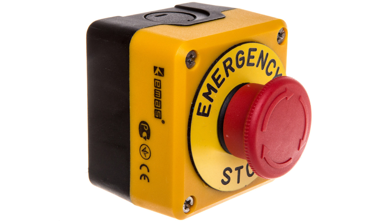 Kaseta sterownicza stop bezpieczeństwa czarno-żółta 1NC z opisem Emergency STOP EMAS T0-P1EC400E40K